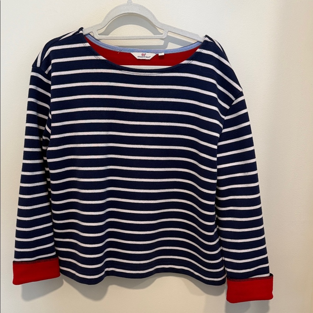 Vineyard Vines Navy and White Striped Top with Red Detail